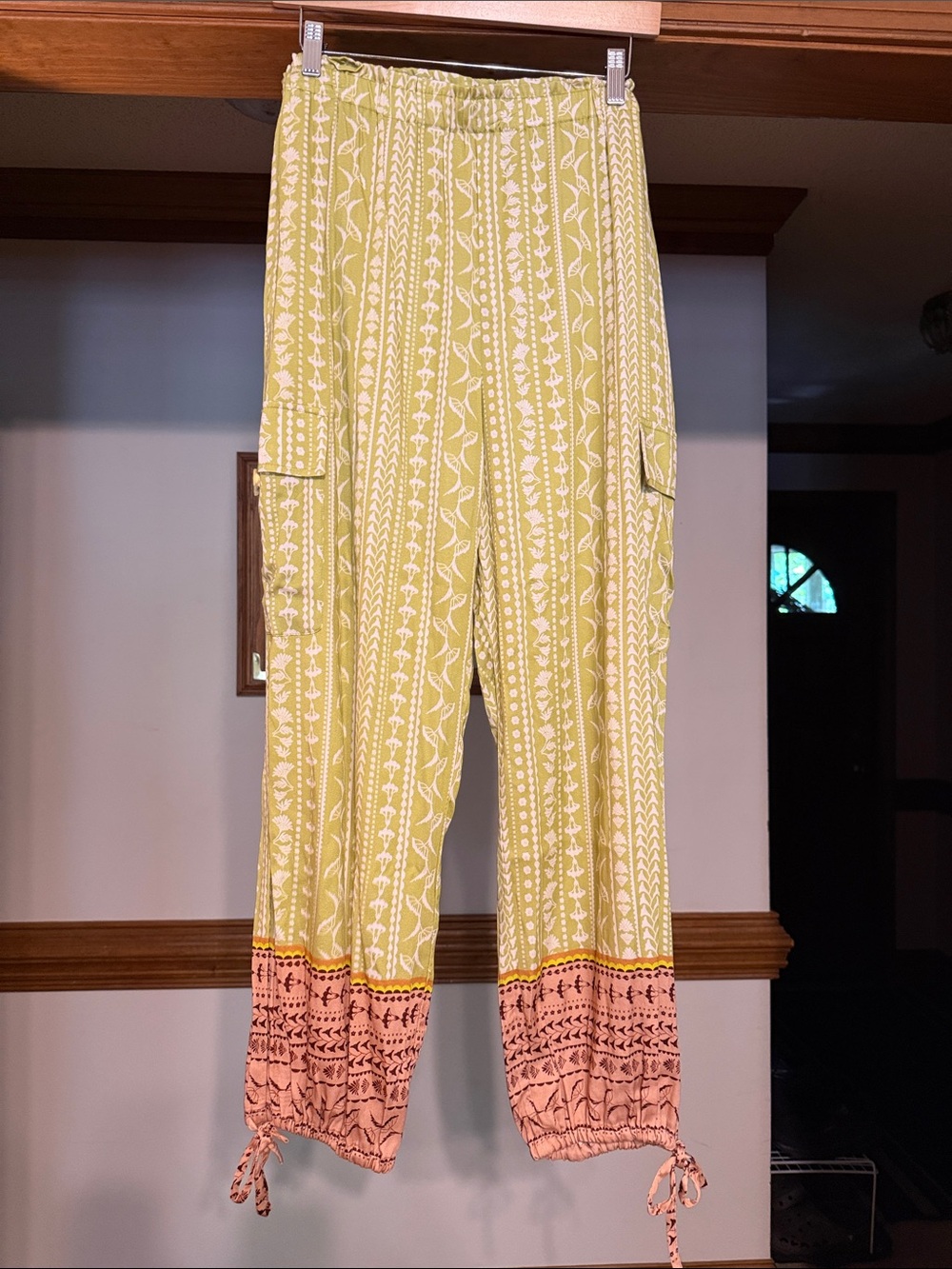 Tribal Yellow Patterned Cargo Joggers with Pink Cuff